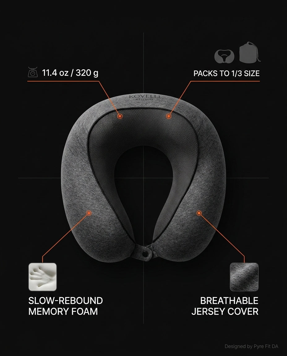 Specs infographic of the travel neck pillow's weight, packability, and foam