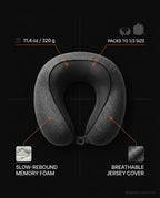 Specs infographic of the travel neck pillow's weight, packability, and foam
