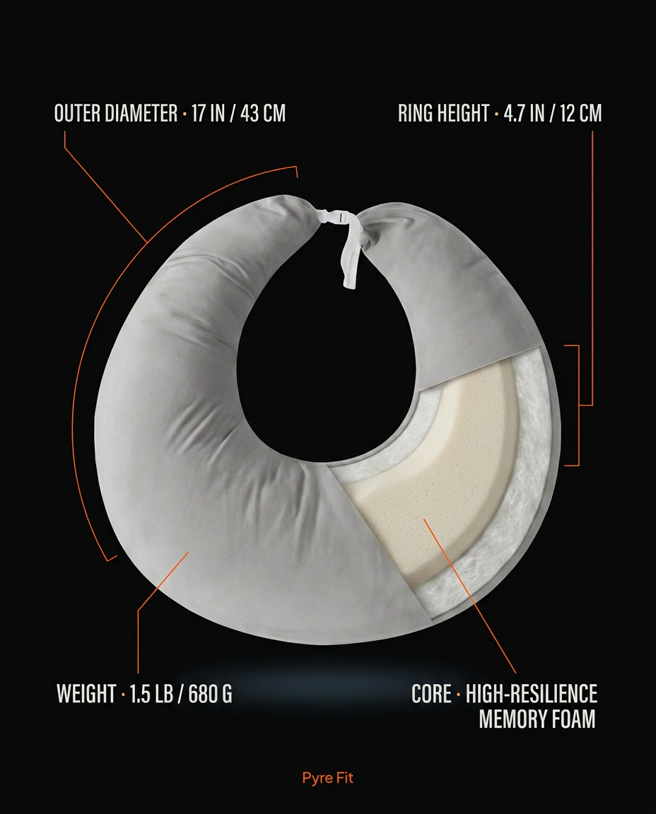 Spec infographic showing 17 in diameter, 4.7 in ring height and foam core
