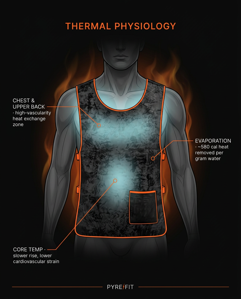 Thermal physiology diagram showing cooling vest heat-exchange zones on the torso