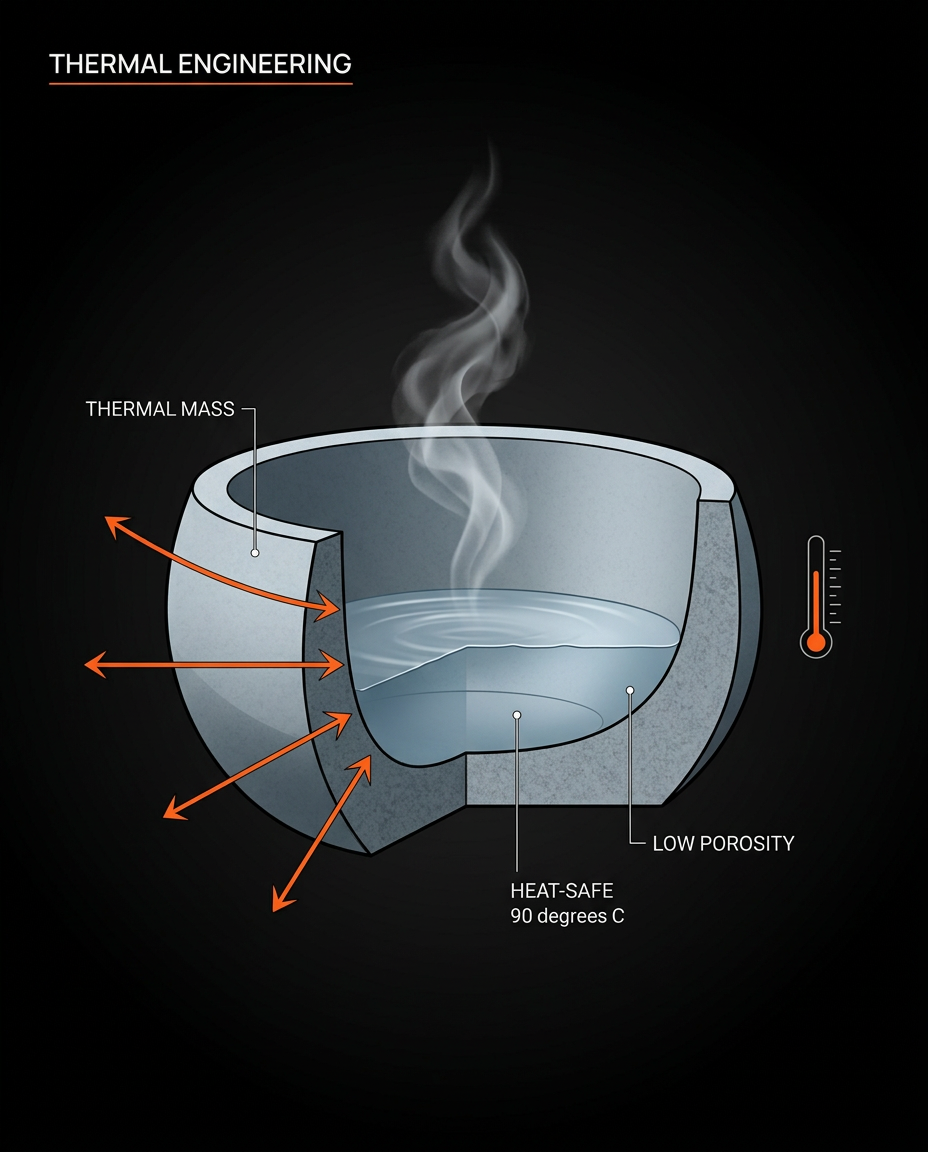 Cutaway diagram showing thermal mass and heat retention of the stone bowl
