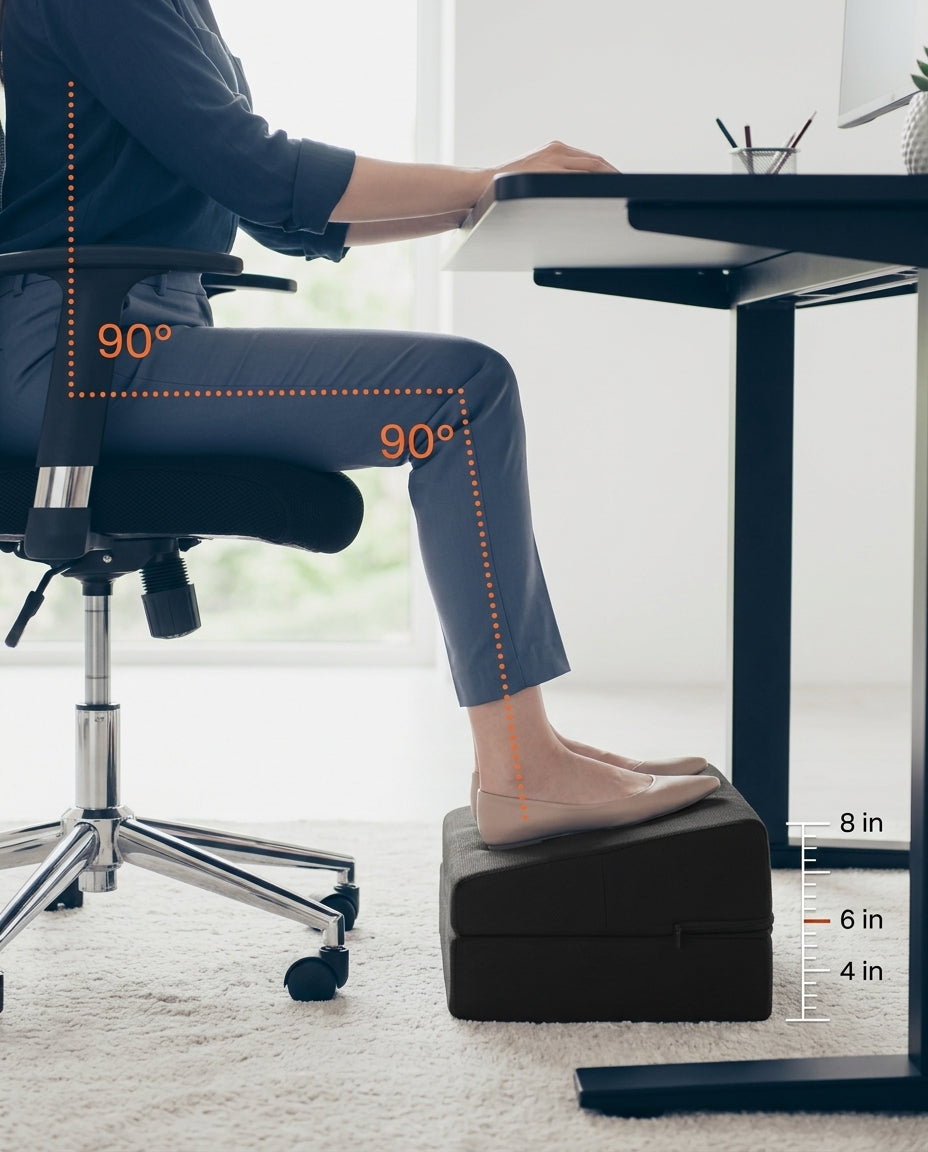 Diagram of legs at a 90-degree posture on the foot rest with a height scale