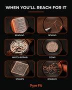 Use-case grid showing the magnifier for reading, sewing, watches, coins, stamps, jewelry