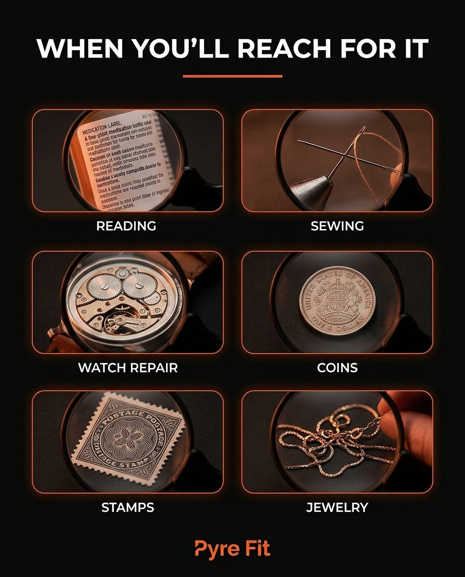 Use-case grid showing the magnifier for reading, sewing, watches, coins, stamps, jewelry