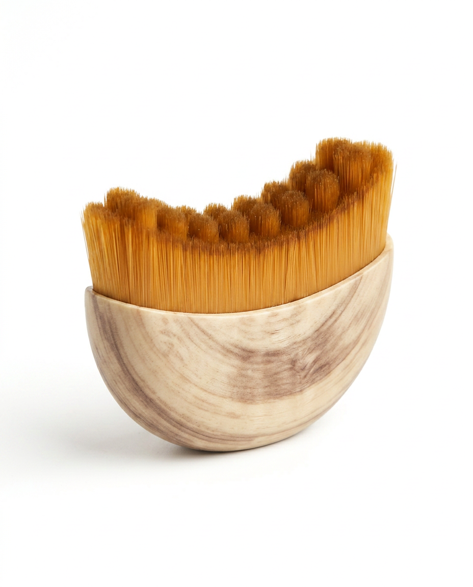 Small wooden facial comb packshot with bristles, on white