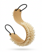 Beige back scrubber packshot with cream mesh loofah ruffles and pull cords