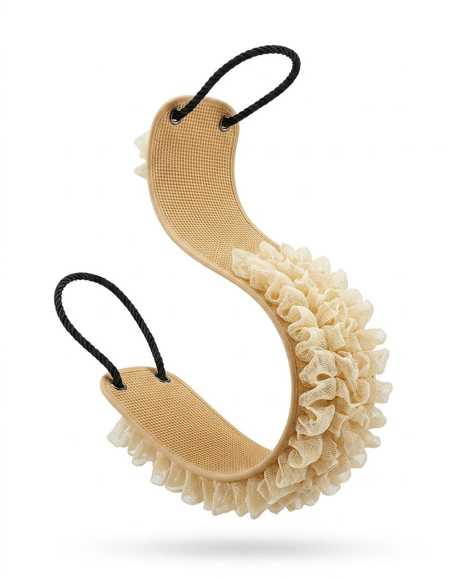 Beige back scrubber packshot with cream mesh loofah ruffles and pull cords