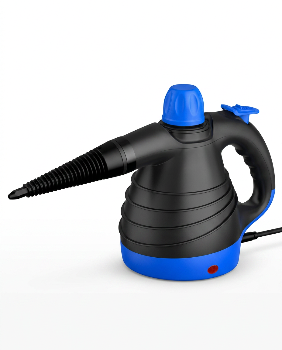 Black and blue handheld steam cleaner shown on white background
