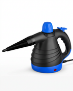 Black and blue handheld steam cleaner shown on white background