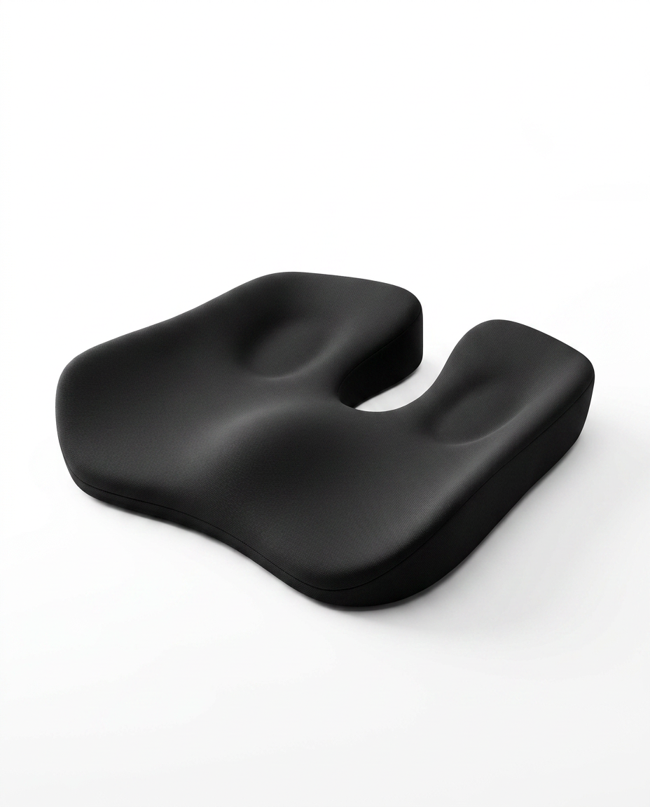Black contoured memory foam seat cushion, three-quarter studio view on white