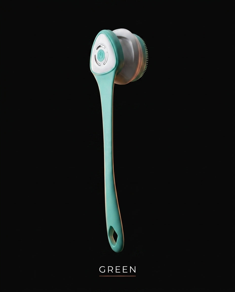 Green long-handle electric body brush variant shown from the back with power button