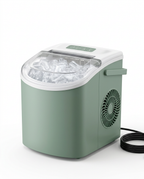 Sage green countertop ice maker filled with ice, studio shot on white