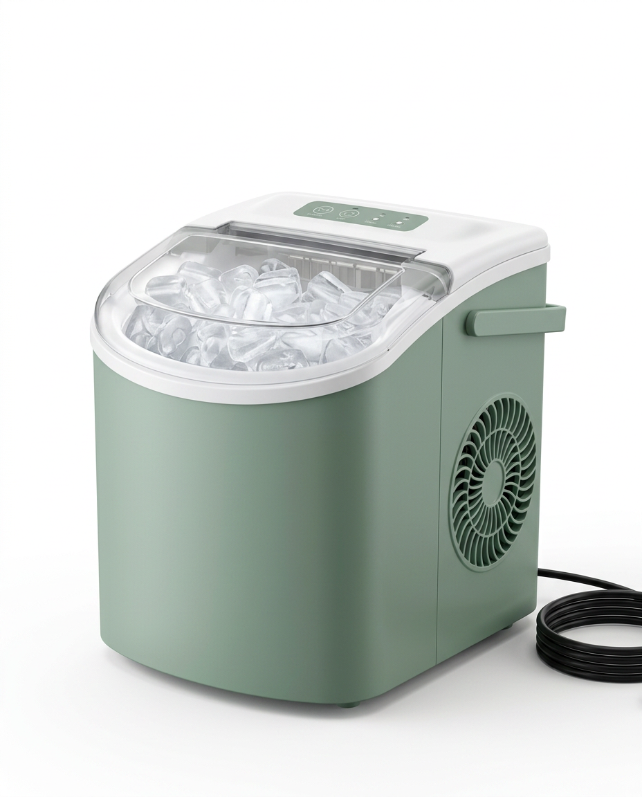 Sage green countertop ice maker filled with ice, studio shot on white