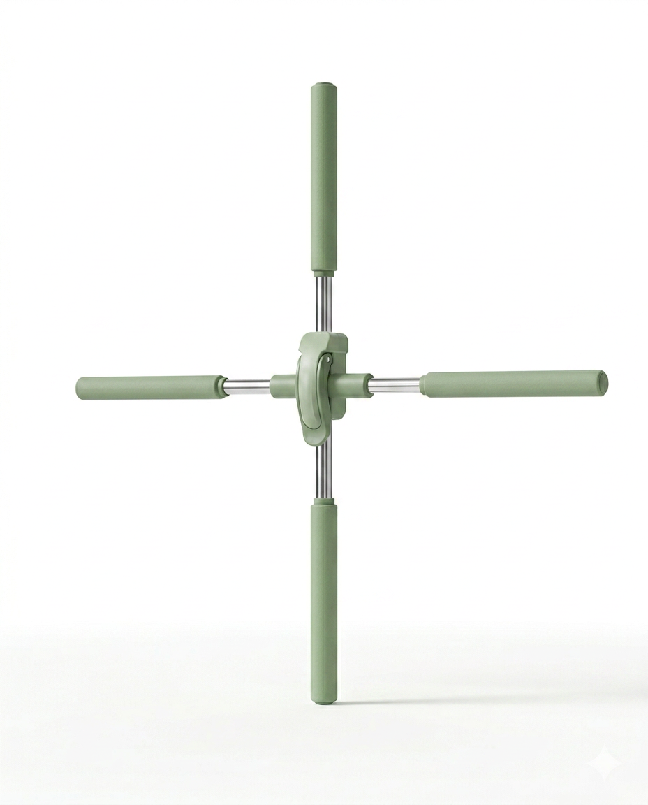 Cross-shaped yoga posture stick with sage green foam grips, packshot on white