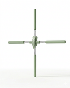 Cross-shaped yoga posture stick with sage green foam grips, packshot on white