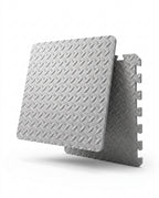 Grey EVA foam puzzle mat tiles with diamond-plate texture on white