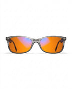 Layered grey frame blue light glasses with orange lenses on white