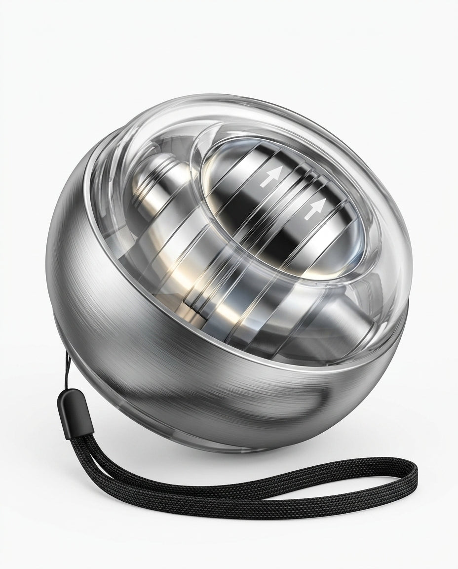 Premium all-metal gyro ball trainer with polished steel housing on white