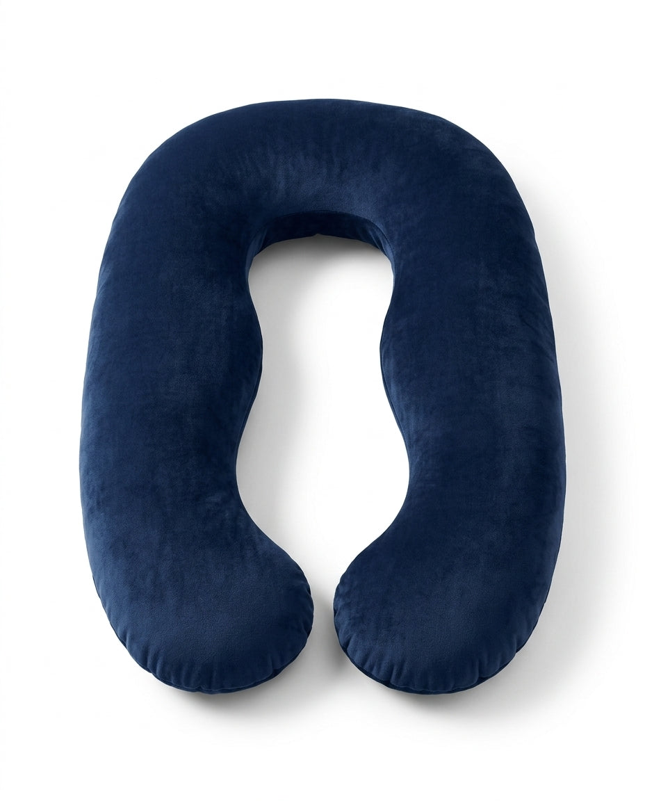 Navy blue U-shaped full body support pillow on white background