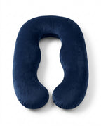 Navy blue U-shaped full body support pillow on white background