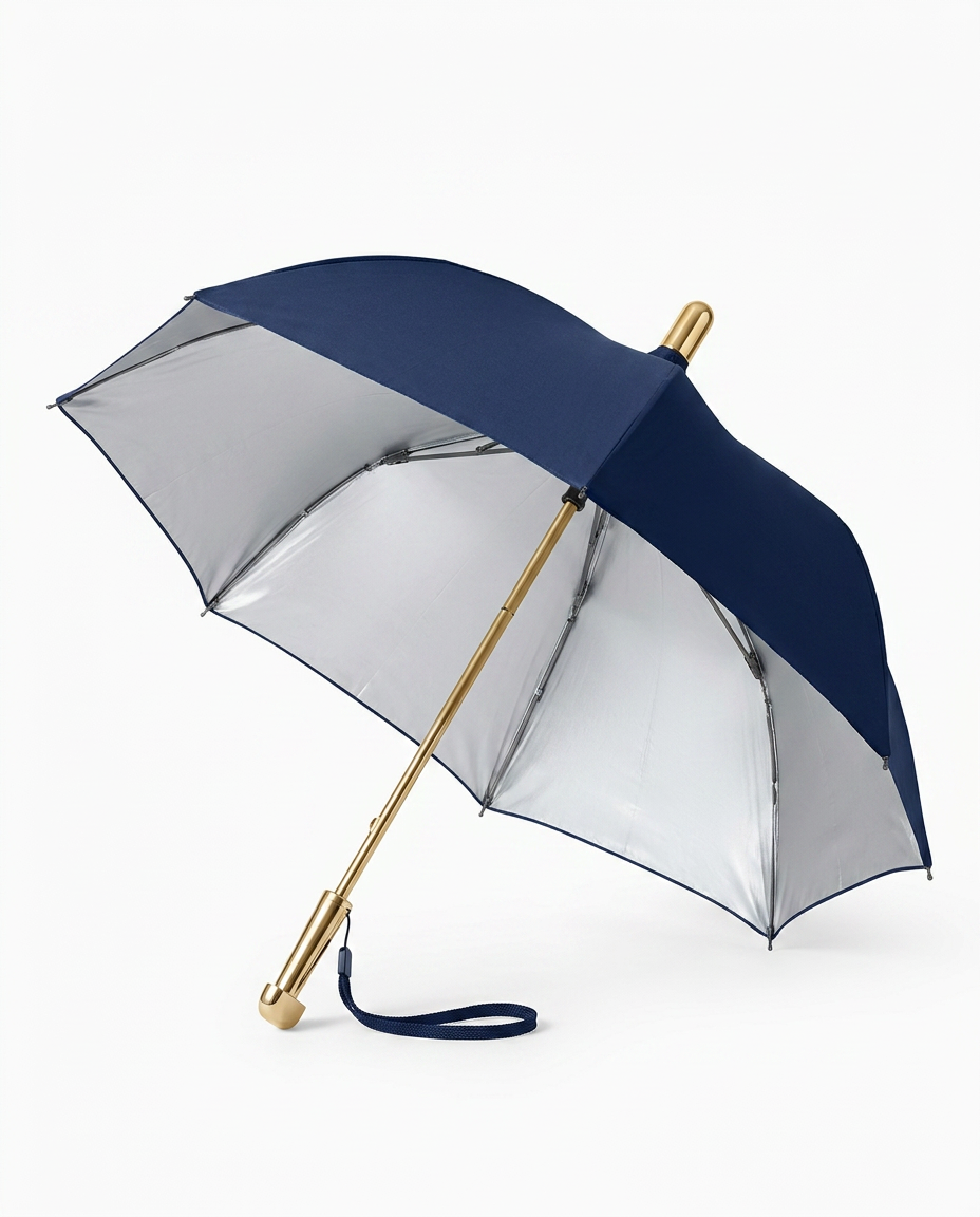 Open navy umbrella with silver UV lining and gold shaft on white