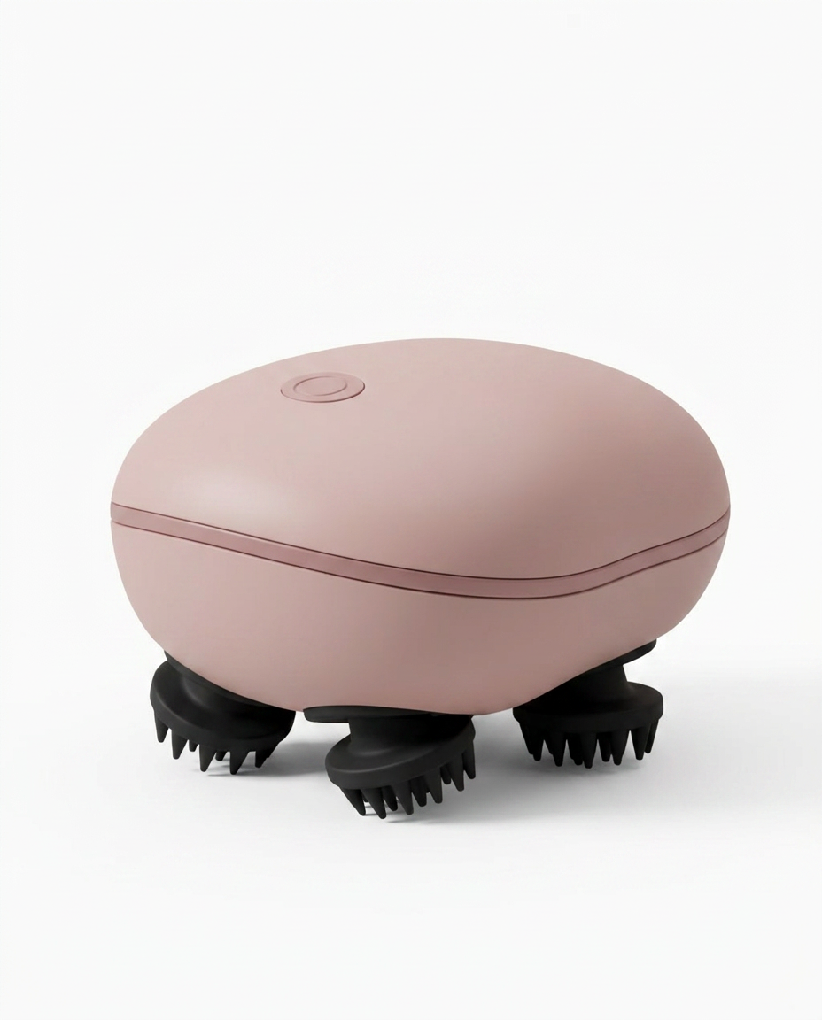 Dusty pink electric scalp massager with black silicone claws on white