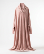 Pink wearable blanket with sleeves and shawl collar laid flat