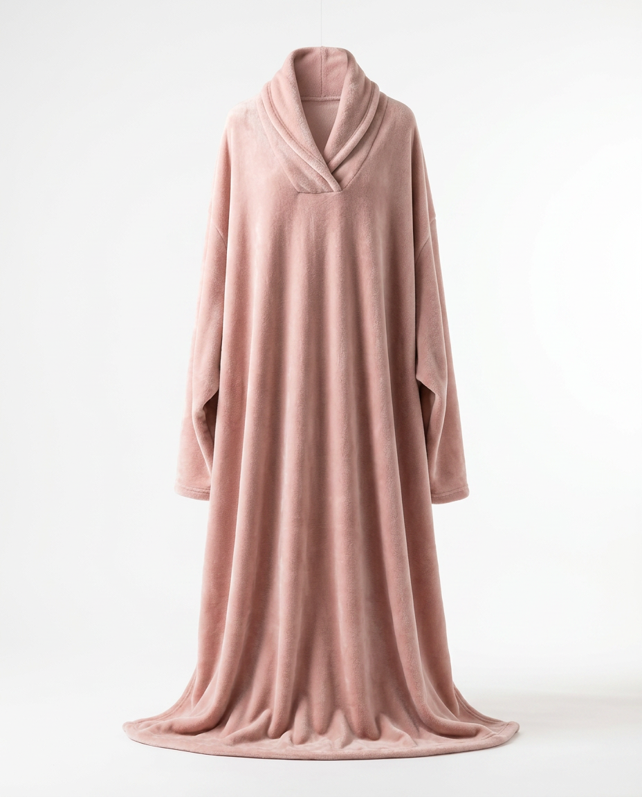 Pink wearable blanket with sleeves and shawl collar laid flat
