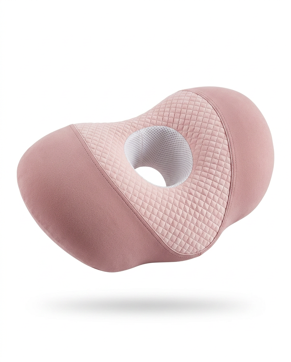 Pink memory foam ear relief side sleeper pillow, studio shot on white