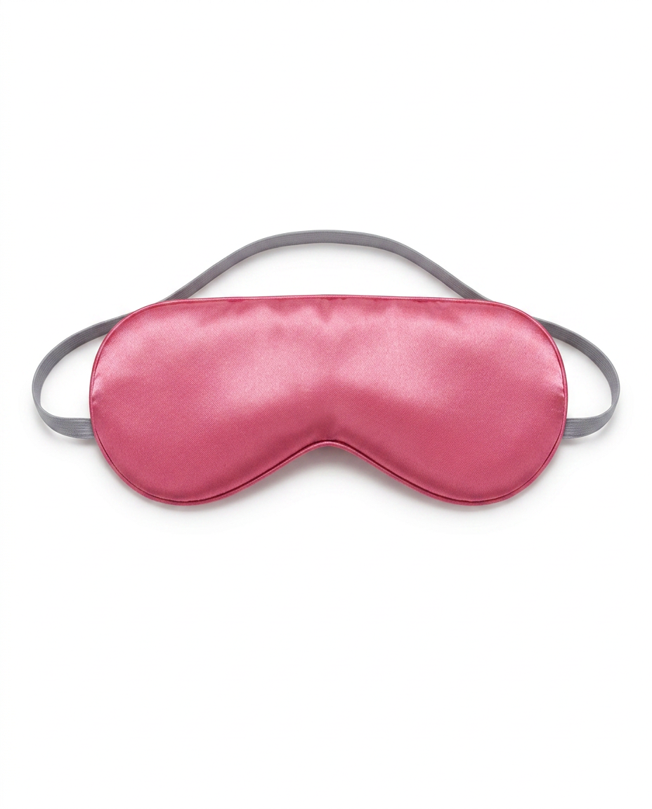 Pink silk sleeping eye mask with grey strap, packshot on white