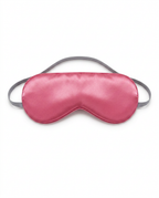 Pink silk sleeping eye mask with grey strap, packshot on white