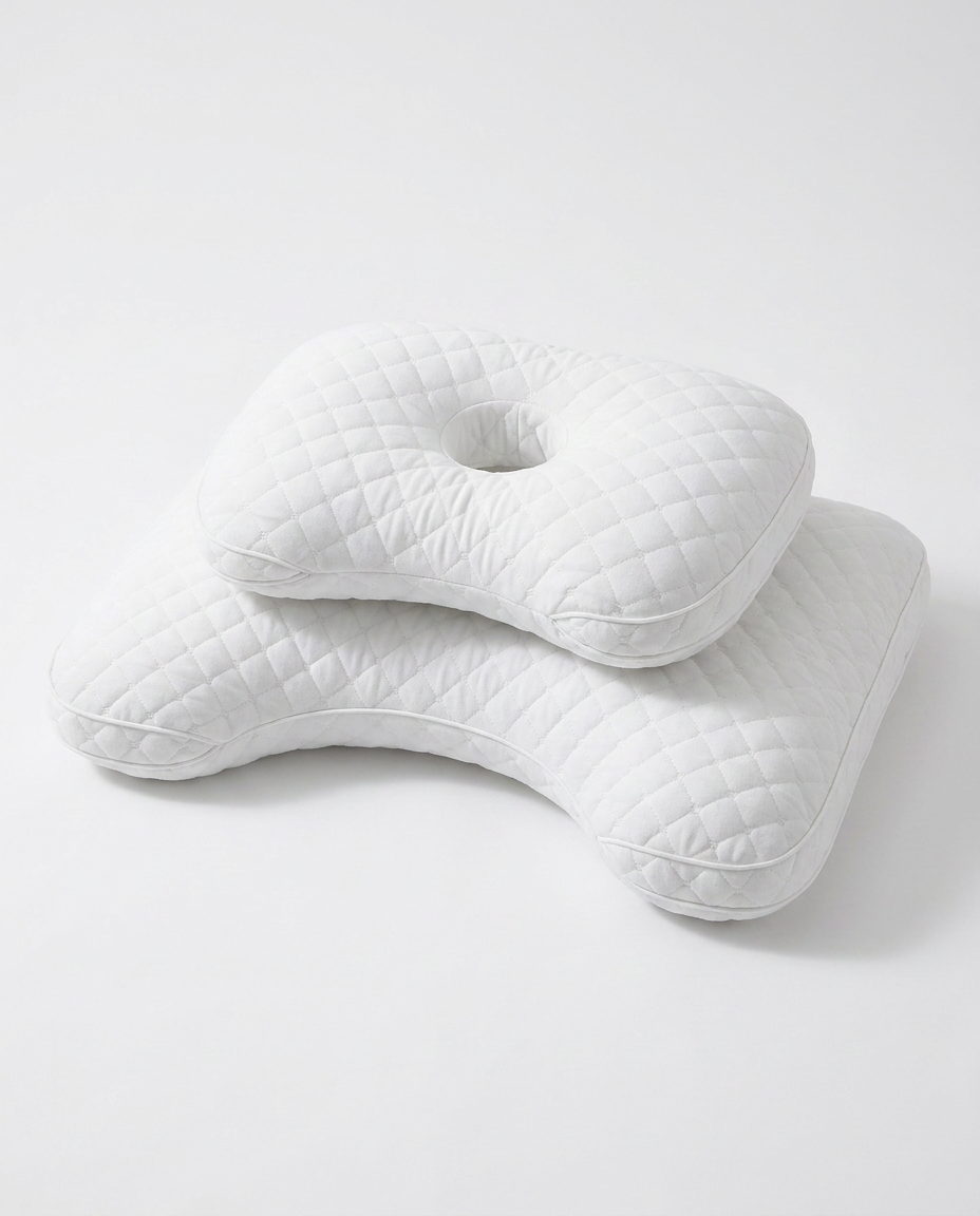 White ergonomic sleep pillow with diamond-quilted cover showing its curved geometry