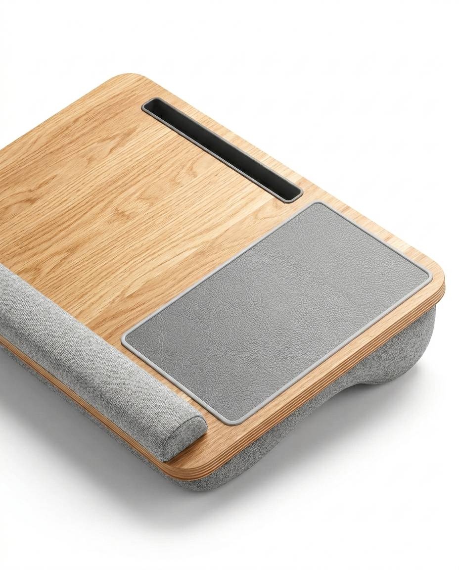 Light oak lap desk with grey cushion and mouse pad, top-angle view