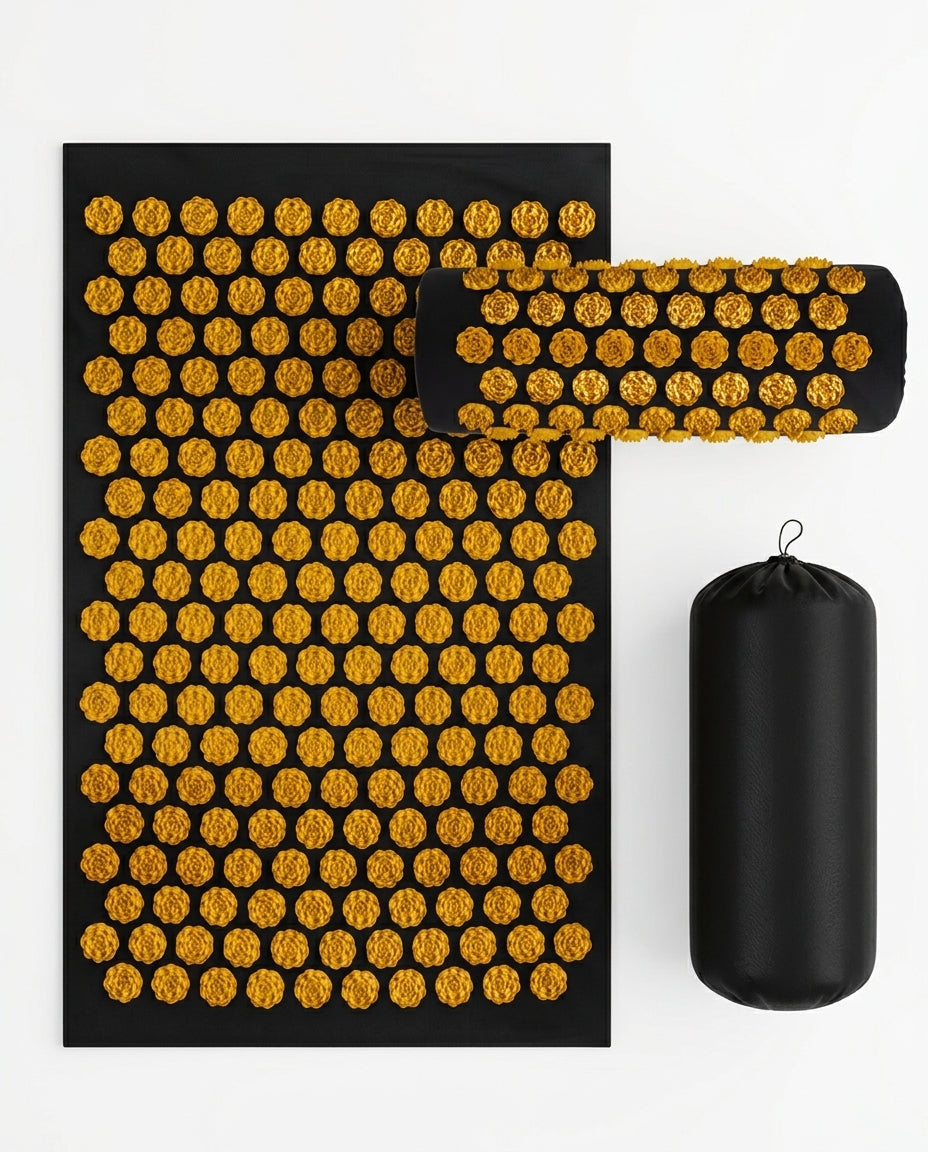 Amber-yellow spike acupressure mat, pillow and bag on a white background