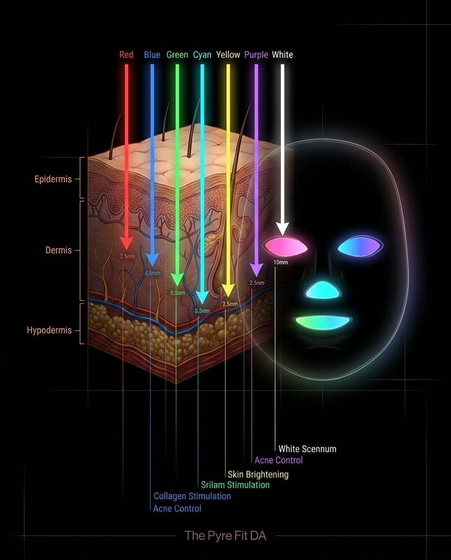 Diagram showing how each LED wavelength penetrates different skin layers