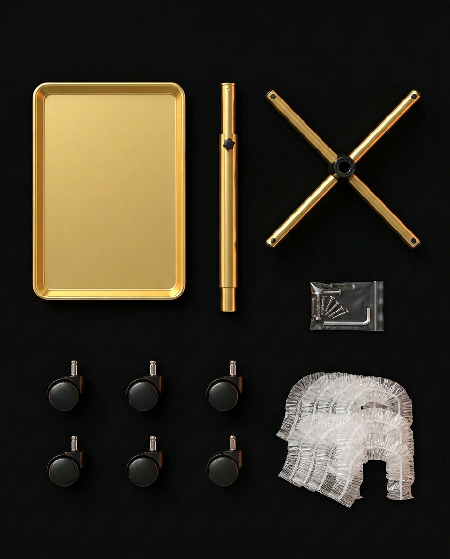 What's in the box flat lay with gold tray, post, base, casters and covers