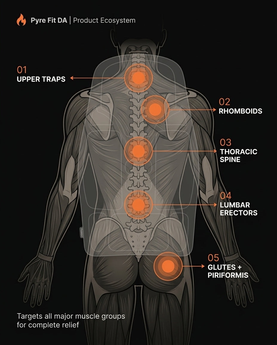 Anatomy diagram of the five back massage zones the cushion targets
