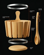 Exploded diagram of the pine bucket's staves, galvanized hoops, base and turned ladle