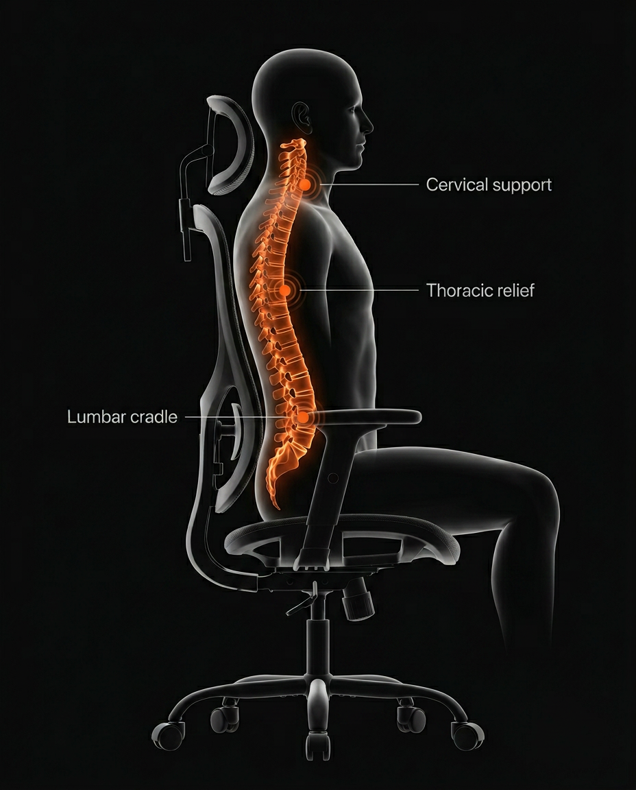 Diagram of a seated spine aligned by the chair's cervical and lumbar support