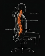 Diagram of a seated spine aligned by the chair's cervical and lumbar support