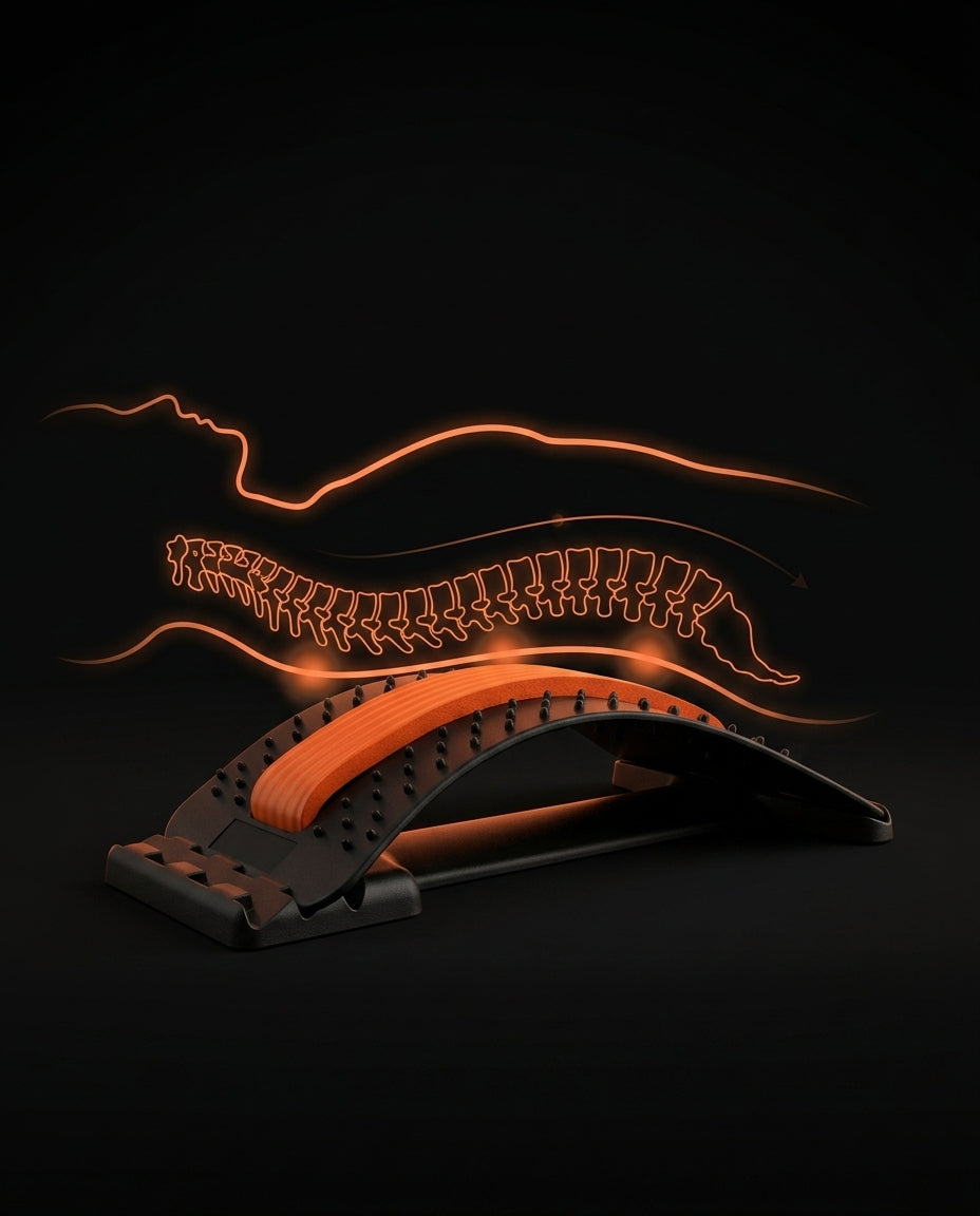 Diagram showing how the back stretcher aligns the spine into a healthy curve