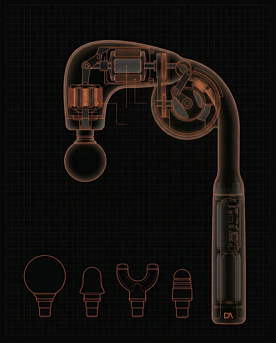 Cutaway diagram revealing the brushless motor inside the fascia massage gun