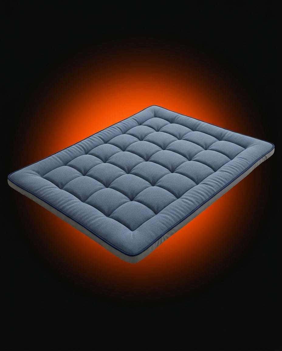 Slate blue quilted floor mattress floating on a dark backdrop with orange glow