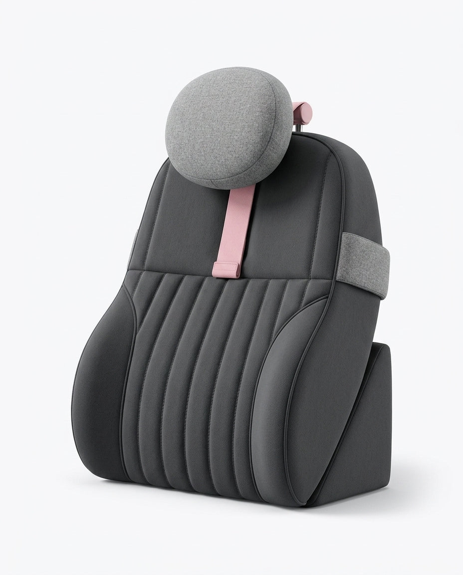 Dark gray bed backrest with light gray neck roll and pink accent strap