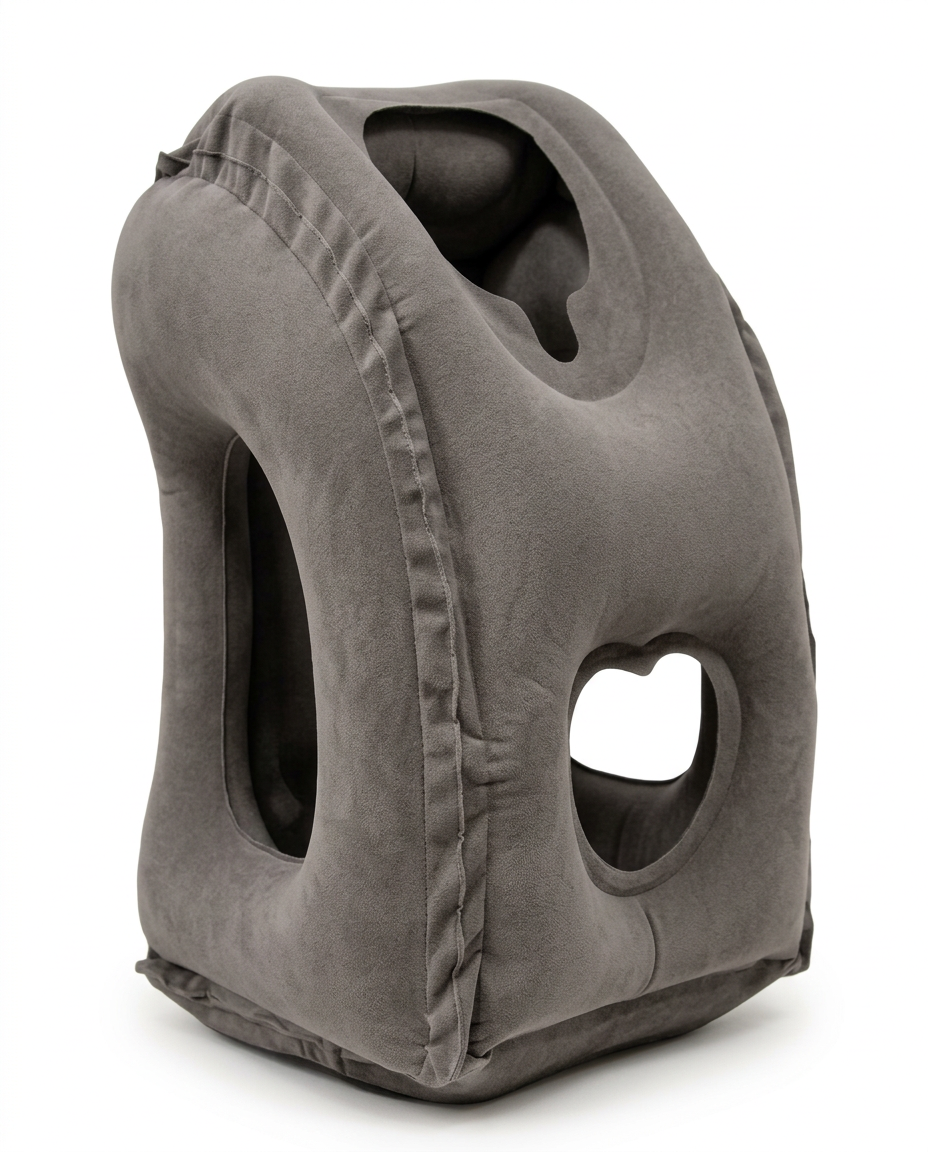 Grey inflatable travel neck pillow with arm cutout on white background