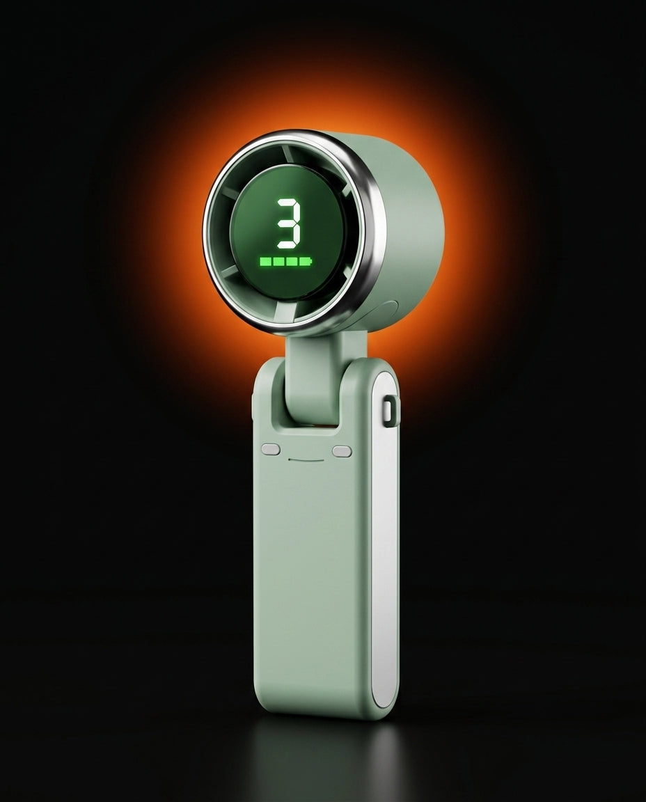 Sage green handheld cooling fan solo against a dark orange glow halo