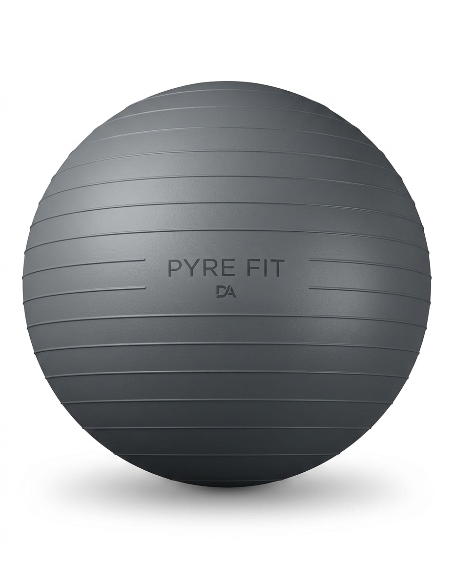 Grey stability ball with Pyre Fit branding, studio shot on white