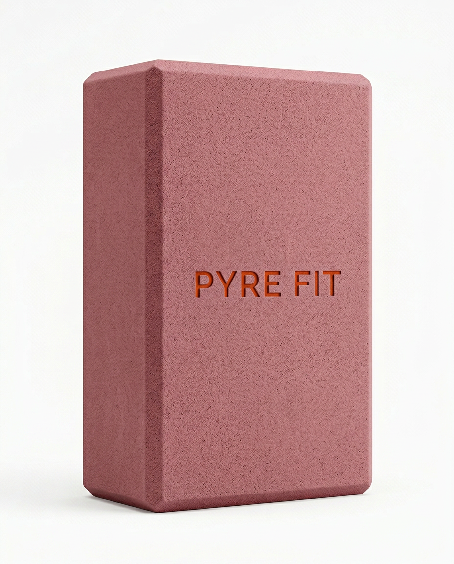 Dusty pink EVA foam yoga block with embossed logo, studio shot on white