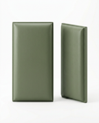 Two olive green upholstered wall panels standing on a white background
