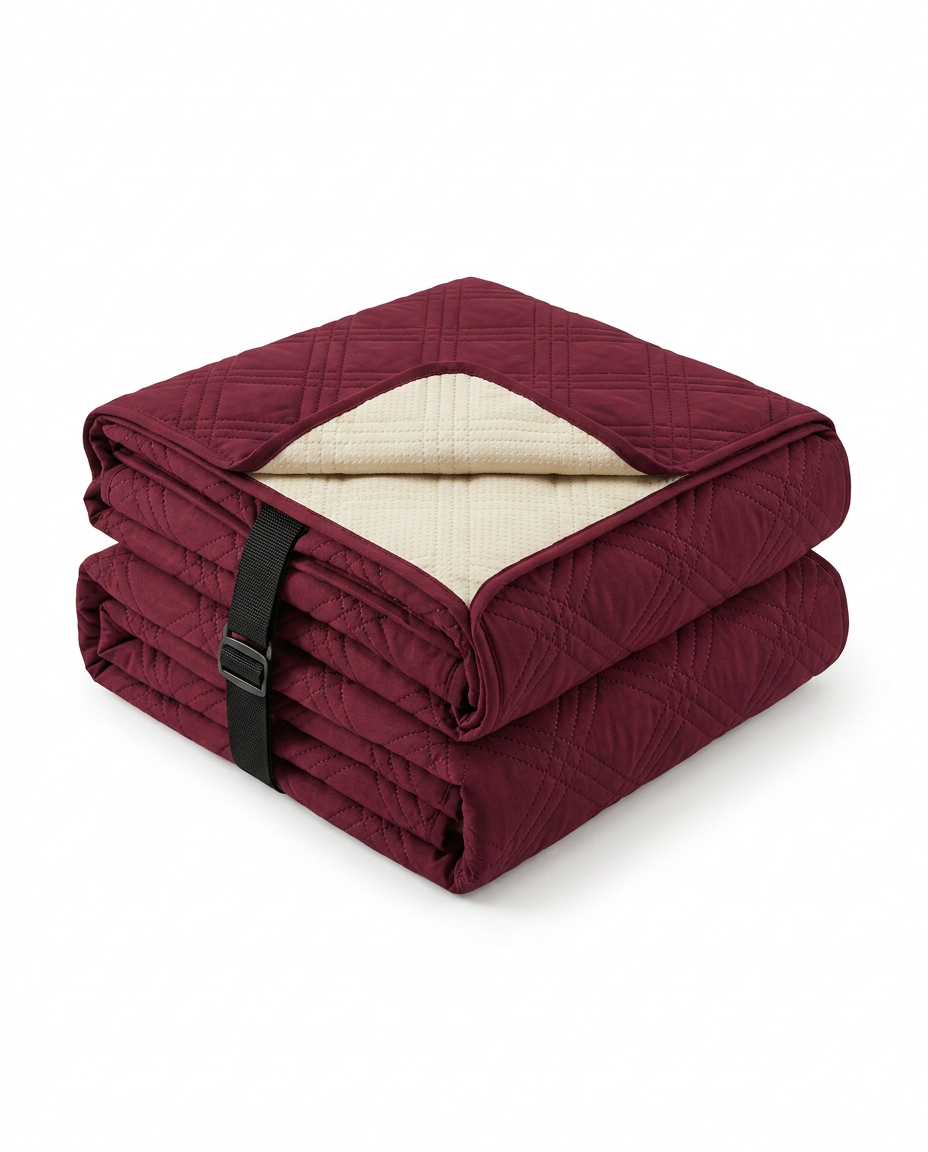 Folded wine red quilted recliner cover showing cream non-slip underside